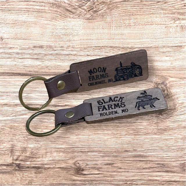 Custom Wood Farm Themed Wood and Leather Keychain | Farmer Gift | Custom Gift for Farmer