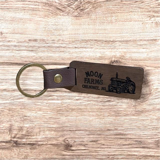 Custom Wood Farm Themed Wood and Leather Keychain | Farmer Gift | Custom Gift for Farmer