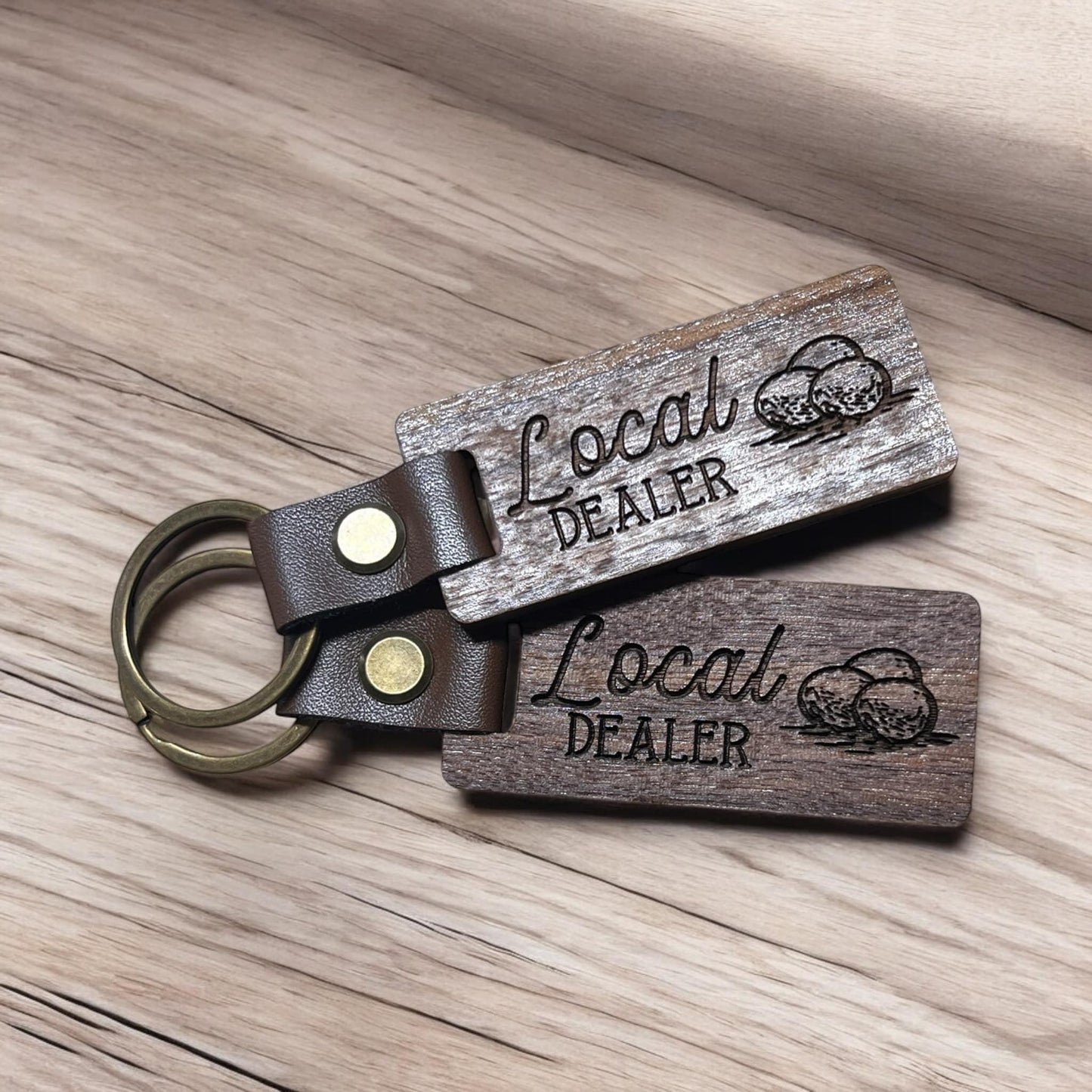 Funny Local Dealer Egg Chicken Farmer Wood Farm Themed Wood and Leather Keychain