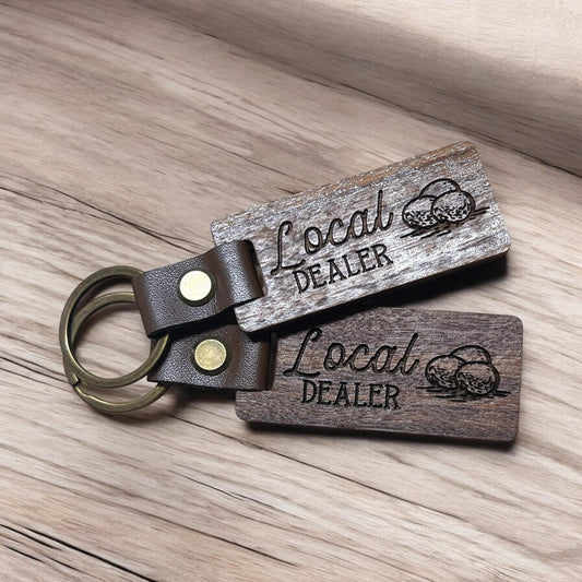 Funny Local Dealer Egg Chicken Farmer Wood Farm Themed Wood and Leather Keychain