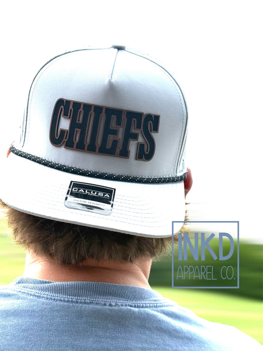 Grey SnapBack with black rope and chiefs in raised brown leather 