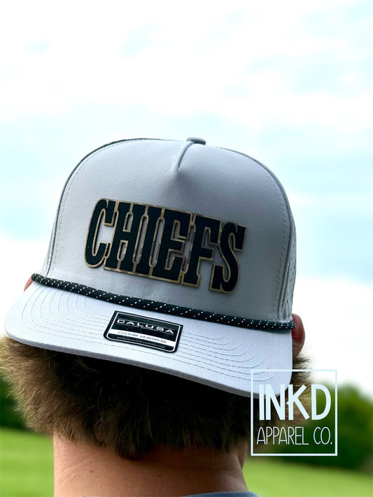 Grey SnapBack hat with raised chiefs block letter duck camo and black rope hat