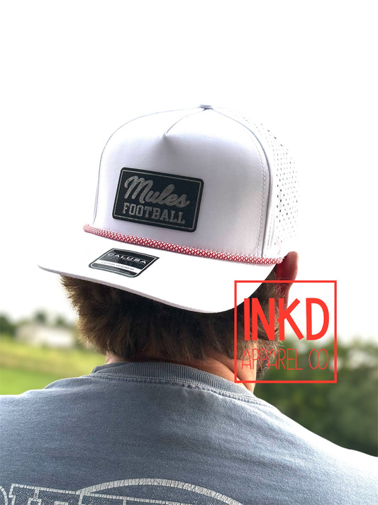 Mules Football Black Leather Patch White SnapBack with red rope Hat