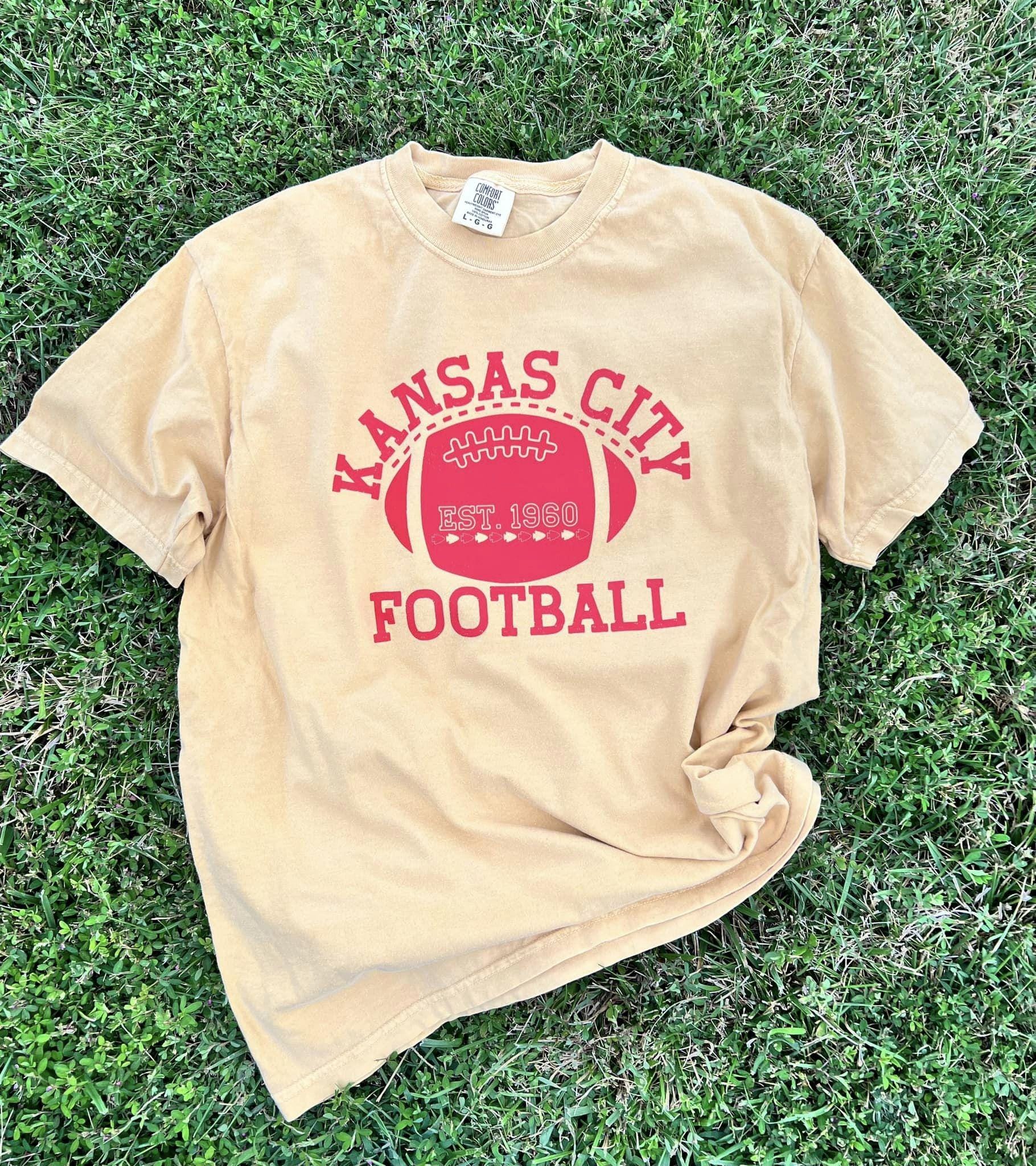 Mustard Yellow tee with Kansas City Football print in red