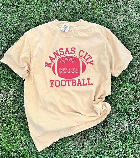 Mustard Yellow tee with Kansas City Football print in red